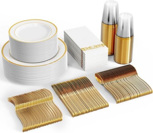 FOCUSLINE 350 Ct Disposable Dinnerware Set for 50 Guests -Heavy Duty Plastic Plates with Gold Rim, Includes 50 Dinner & Salad Plates, Cups, Napkins, Cutlery Set