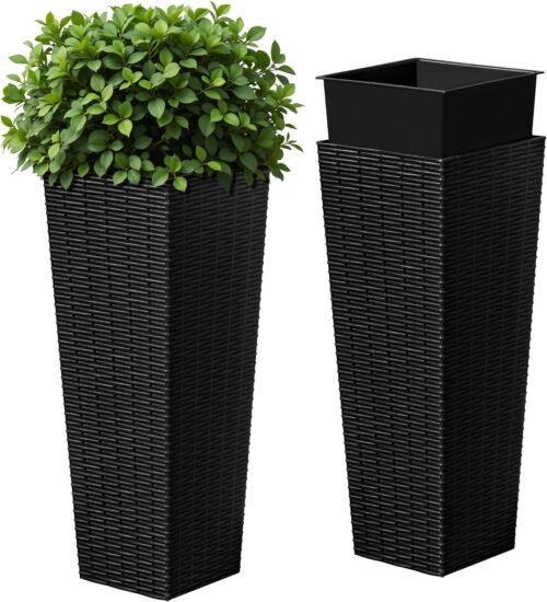 Devoko Resin Tall Planters for Outdoor Plants Set of 2, Large Taper Outdoor Planter Pots with 4 Drainage Holes, Flower Pots Modern Decor for Porch, Patio, Backyard, Home Garden (Black, 24″)