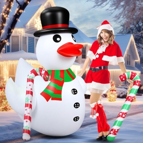 Lenwen 4ft Christmas Inflatable Duck Outdoor Decoration, Blow up Rubber Duck with Giant Candy Cane Inflatable Pool Float Golf Cart Decor for Xmas Holiday Yard Lawn Party Favor