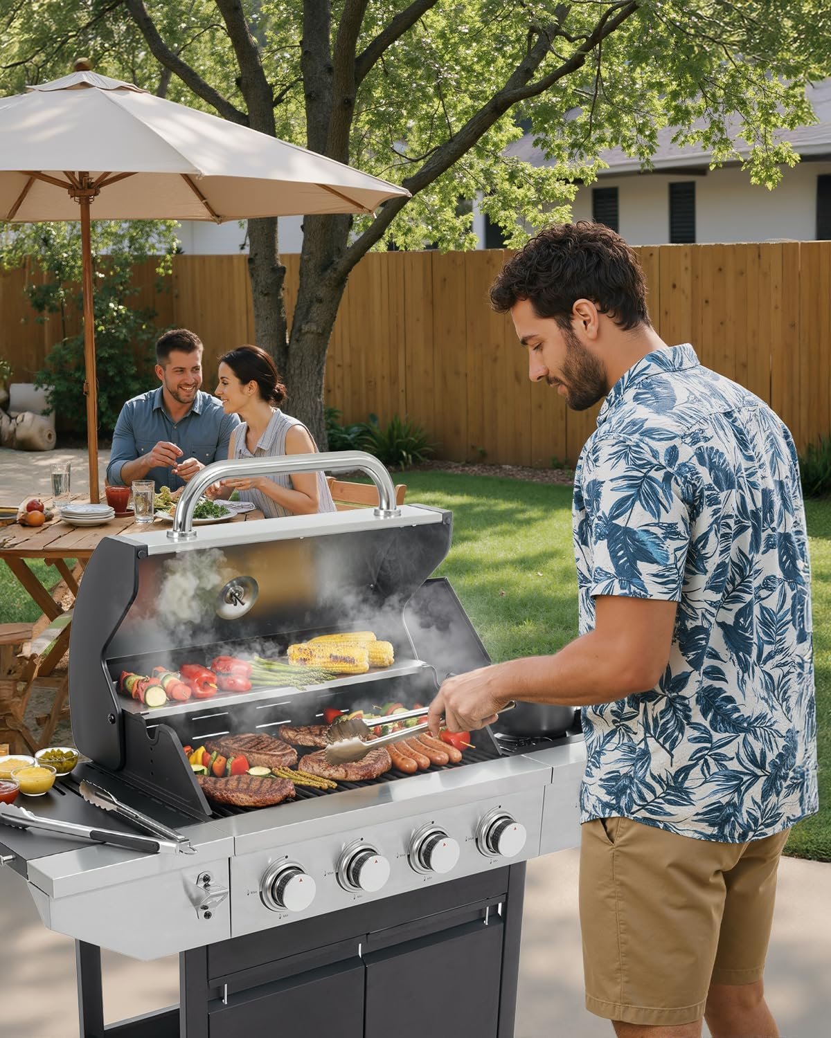 4-Burner Propane Gas BBQ Grill with Side Burner, 46,500 BTU Output Stainless Steel Barbecue Grill with Enameled Cast Iron Grates and Side Tables for Outdoor Cooking Kitchen and Patio Backyard - Image 2