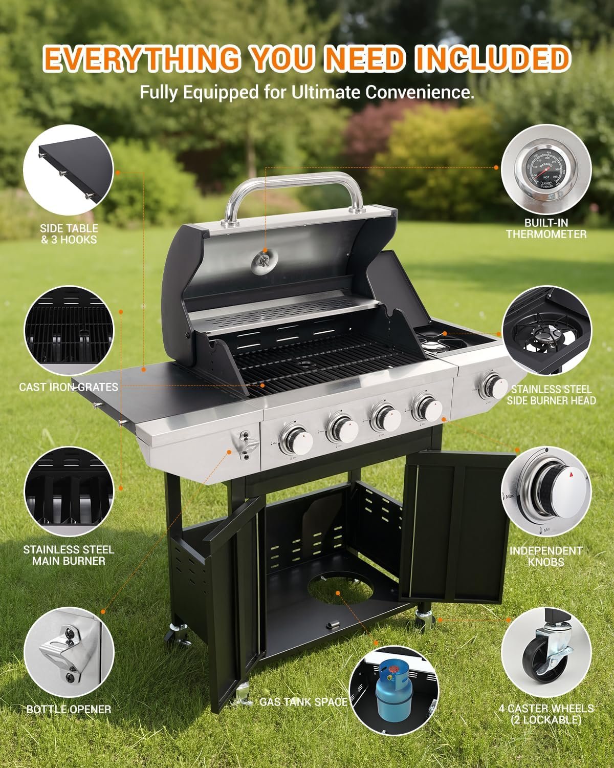 4-Burner Propane Gas BBQ Grill with Side Burner, 46,500 BTU Output Stainless Steel Barbecue Grill with Enameled Cast Iron Grates and Side Tables for Outdoor Cooking Kitchen and Patio Backyard - Image 6