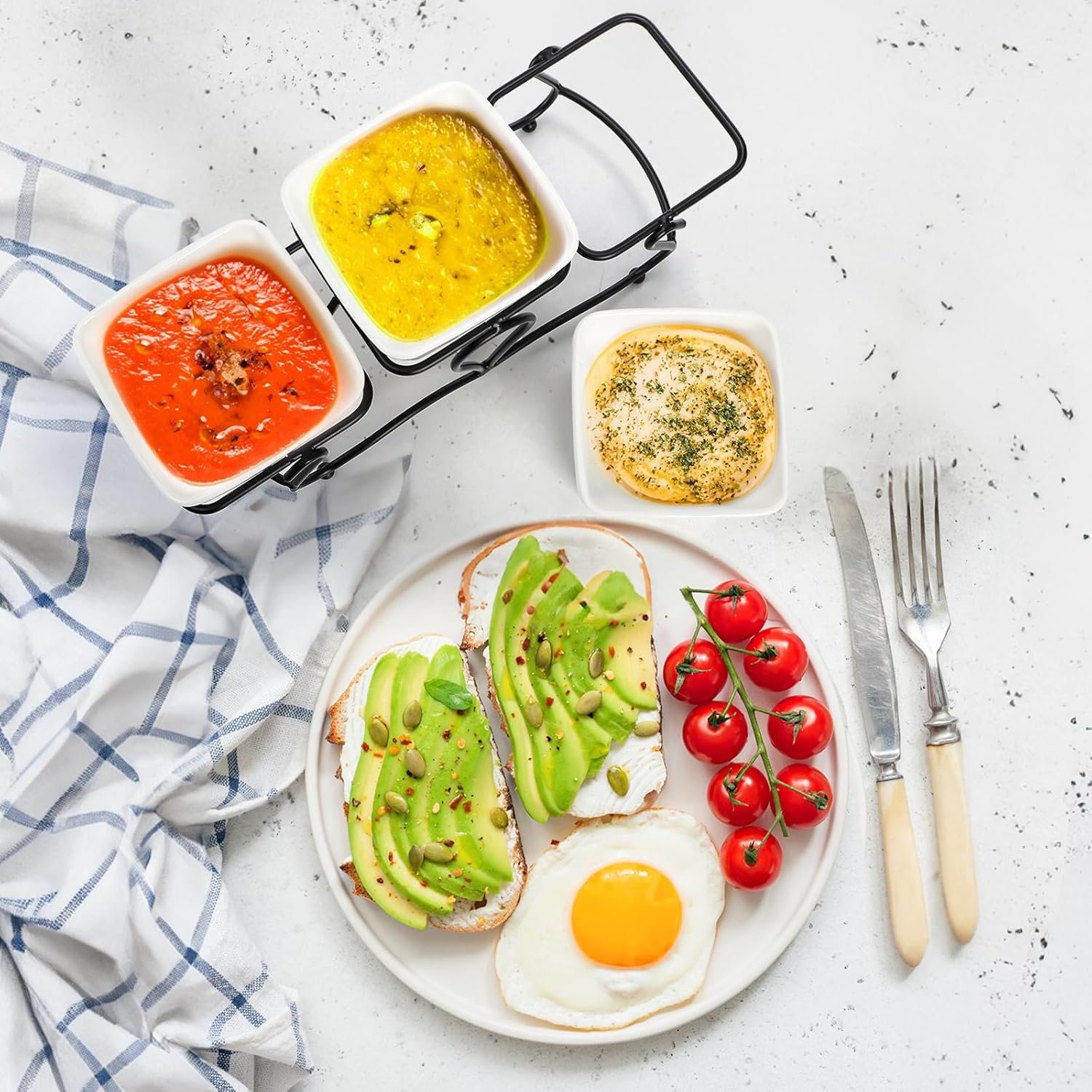 10 OZ Square Bowl Chip & Dip Serving Set, 3 Pieces Ceramic Condiment Server with Metal Stand, Serving Dish Tray for Party Entertaining, Small Snack Platters for Side Dish Appetizer Nuts - Image 6