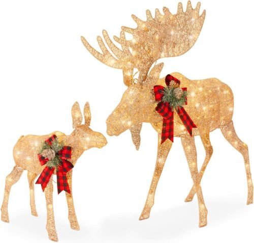 Best Choice Products 2-Piece Moose Family, Lighted Outdoor All-Weather Christmas Yard Decoration Light-Up Décor Set w/ 170 LED Lights, Ground Stakes, Zip Ties – Gold