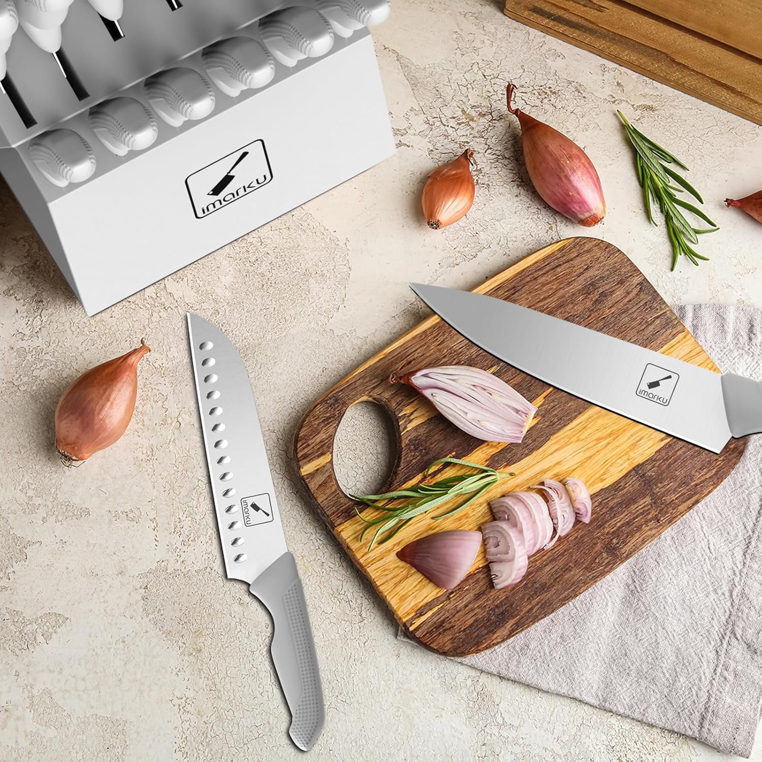 imarku Knife Set With Block, White Knife Sets, Knife Block Set, 14pcs Stainless Steel Kitchen Knife Set, Kitchen Essentials for New Home, Apartment Essentials, Built-in Sharpener, Dishwasher Safe - Image 6