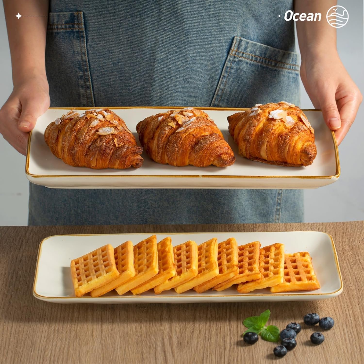 Famiware Serving Platter, Rectangular 15.67/14.1/12.6inch Serving Dishes for Entertaining, Microwave Dishwasher Safe, Stoneware Serving Trays for Party, Turkey, Cheese, Ocean Series, Vanilla White - Image 8