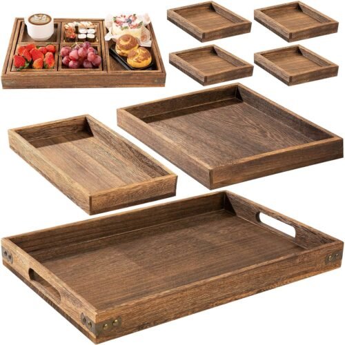 Yangbaga Rustic Wooden Serving Trays with Handle – Set of 7 Rectangular Platters for Entertaining, Breakfast, Coffee Table, Home Decor
