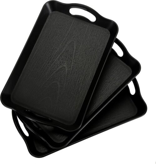 Cedilis 3 Pack Black Serving Trays with Handles,16 x 11IN Rectangular Non Skid Multi-Purpose Plastic OttomanTray for Restaurant, Parties, Coffee Table, Kitchen