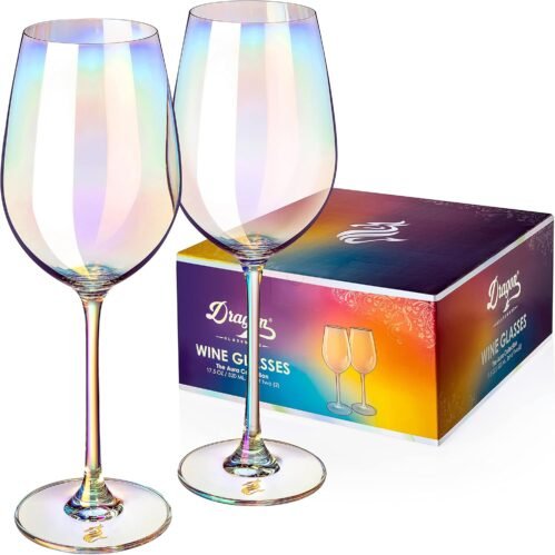 Dragon Glassware Stemmed Wine Glasses – 17.5 oz Crystal, Iridescent Wine Glass Set of 2 – Unique Iridescent Glassware Gift for Weddings, Anniversaries, Birthdays