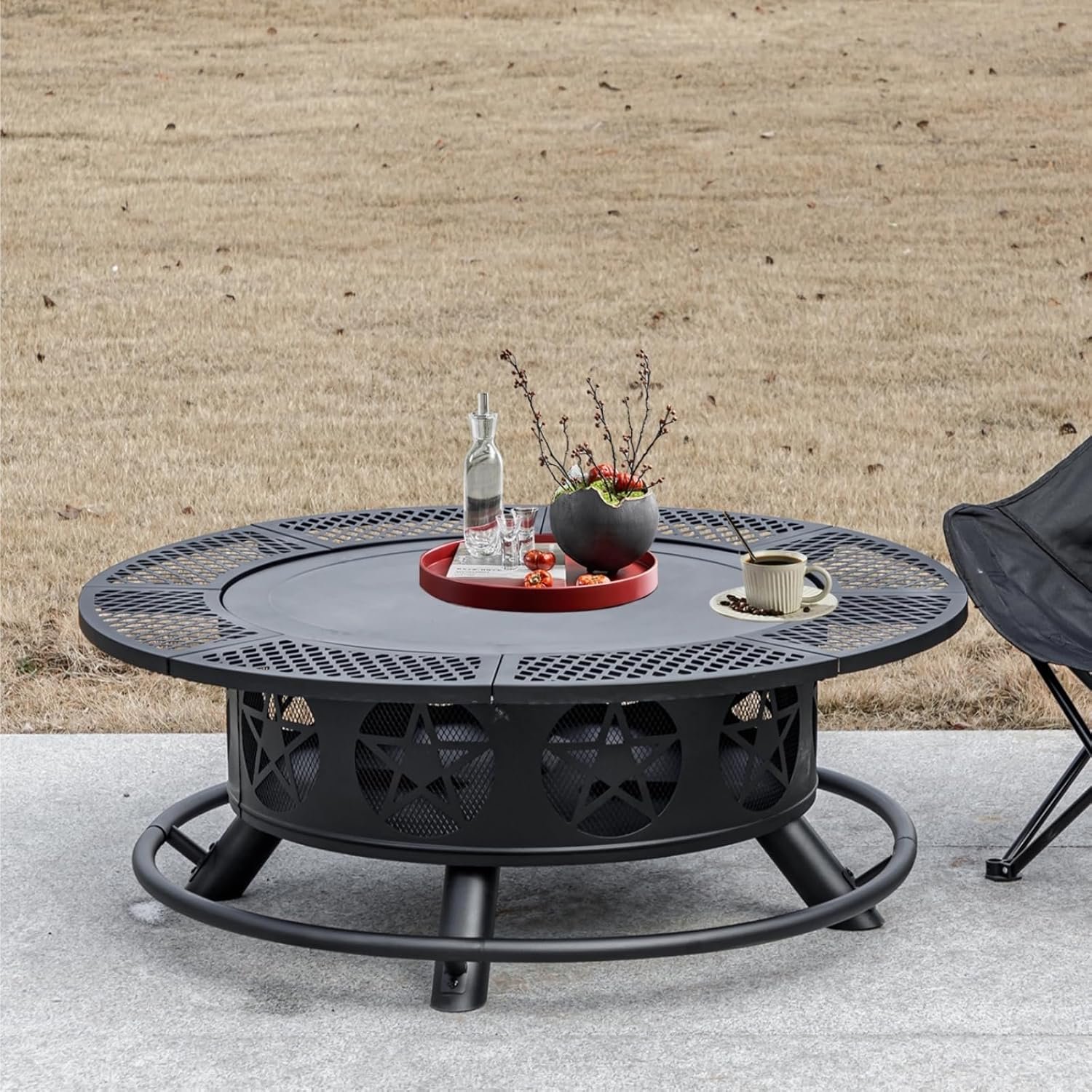 36 Inch Fire Pit with 2 Grills, Wood Burning Fire Pits for Outside with Lid & Poker, BBQ& Outdoor Firepit & Round Metal Table 3 in 1 for Patio, Picnic, Party - Image 4