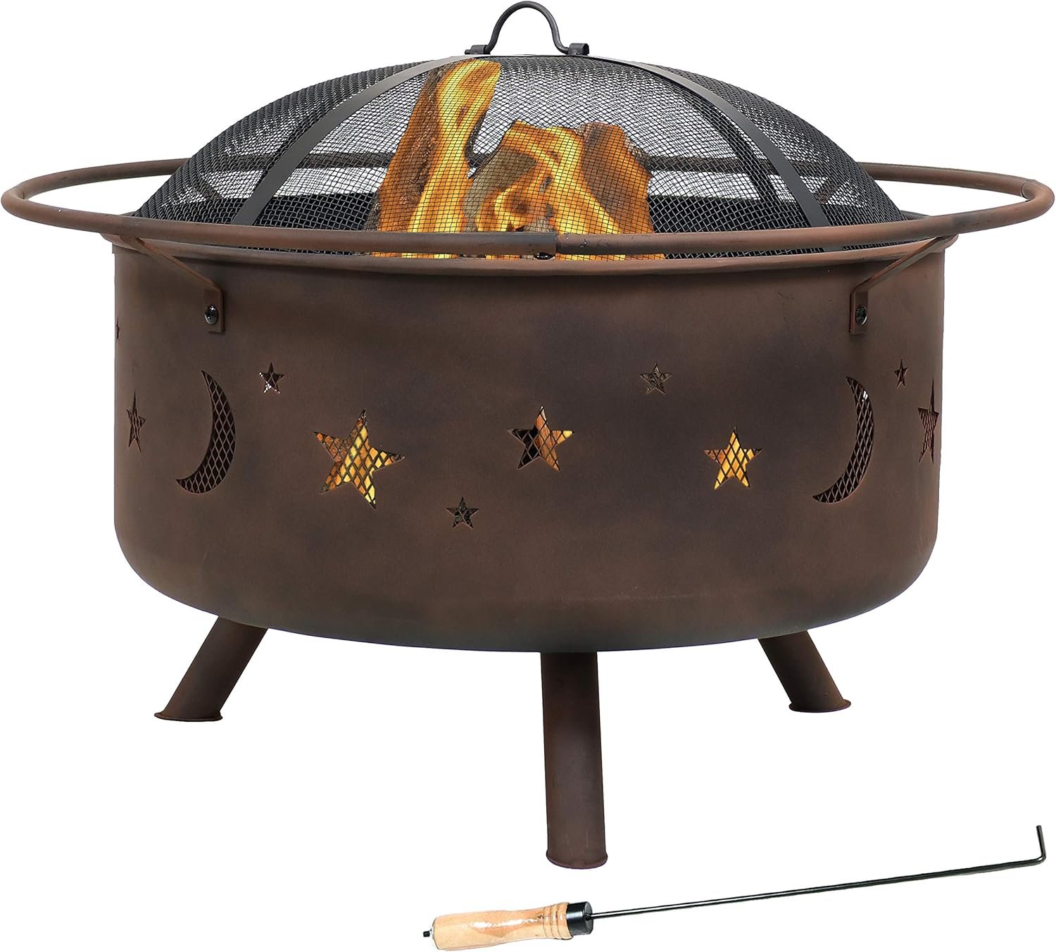 Sunnydaze Cosmic 30-Inch Patio Fire Pit for Outside - Outdoor Wood-Burning Fire Pit with Grill Grate, Spark Screen, and Fireplace Poker - Image 10