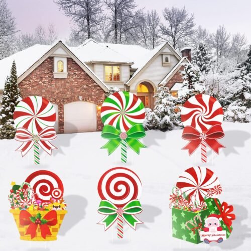 Candy Christmas Decorations Outdoor Yard Signs – 6Pcs Plastic Peppermint Lollipop Candy Signs with Stakes for Winter Holiday Christmas Outside Yard Pathway Lawn Decor Supplies