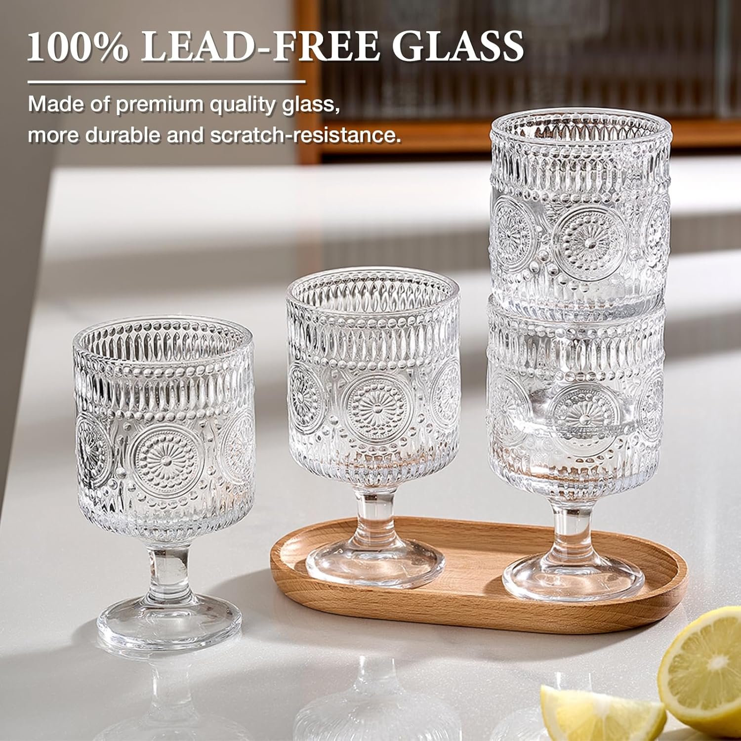 6 Packs Vintage Goblet Glasses, 8 oz Wine Glasses, Embossed Floral Glass Cups Set, Clear Drink Glasses, Drinking Goblets, Bar Tumbler Glassware for Iced Tea, Wine, Beer, Juice, Cocktail, Whiskey - Image 4