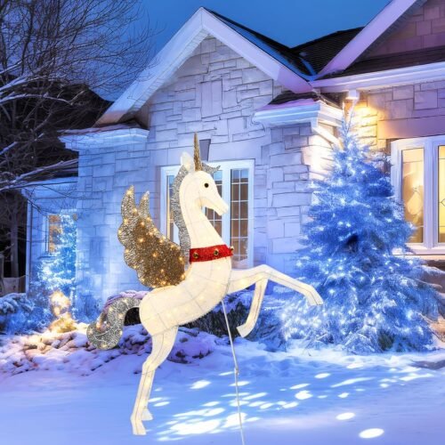 4.7ft Giant Lighted Unicorn Christmas Decorations Outdoor Indoor, 3D Handmade Large Yard Outside Decoration for Garden Lawn Party Holiday Decor, 140 LED Waterproof Light Up Pegasus, Plug and Play