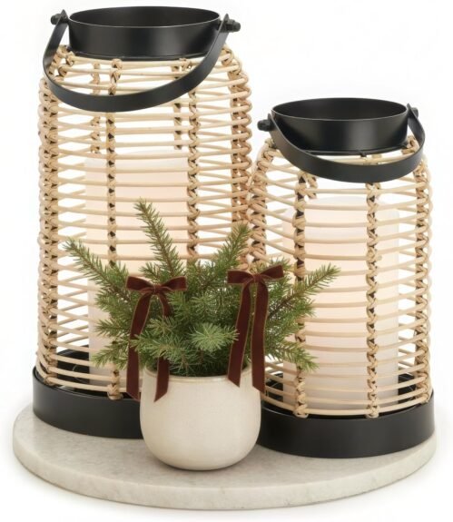Natural Rattan Boho Lanterns – Handcrafted Chic Decor to Enhance Your Home – Modern Farmhouse Beauty Perfect for Any Living Room, Patio & Porch, Indoor and Outdoor Coffee Table or Kitchen Dining Table