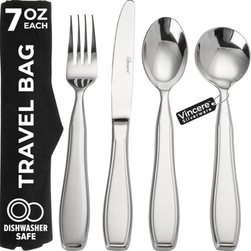 Weighted Utensils for Tremors and Parkinsons, Heavy Weight Stainless Steel Silverware Set, Adaptive Eating Flatware Helps Hand Tremors, Parkinsons Aids for Living, Arthritis – Knife, Fork, Spoons, 7oz