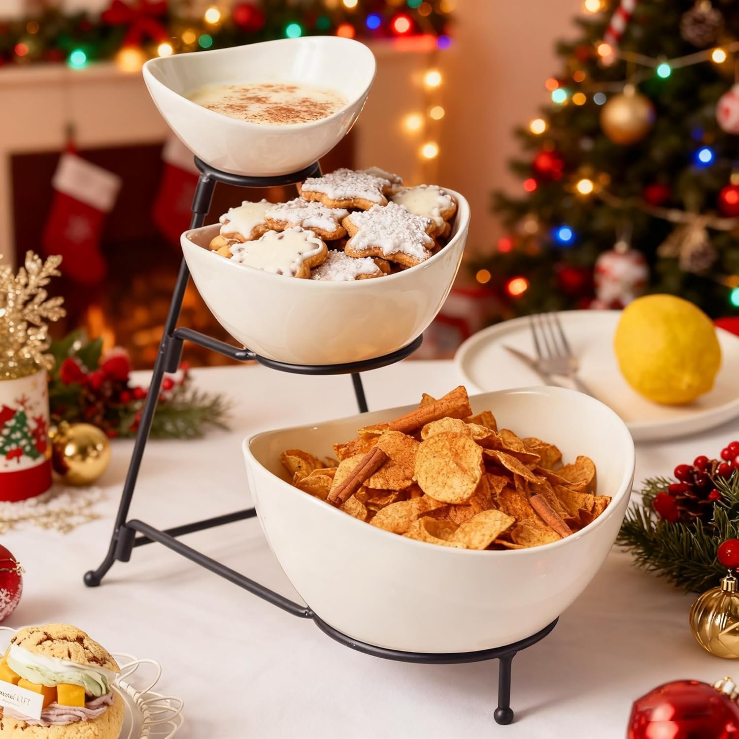 Gomakren 3 Tiered Oval Serving Bowl With Collapsible Metal Rack, Chip and Dip Serving Set, Dessert Appetizer, Candy, Fruit, Vegetable Bowl Set, Christmas Serving Bowls For Entertaining (Black Stand) - Image 2