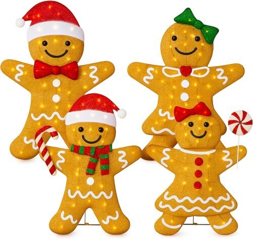 Best Choice Products 2D Gingerbread Man Family 4ft Christmas Yard Décor, 4-Piece Light Up Holiday Lawn Decoration, 200 LED Lights
