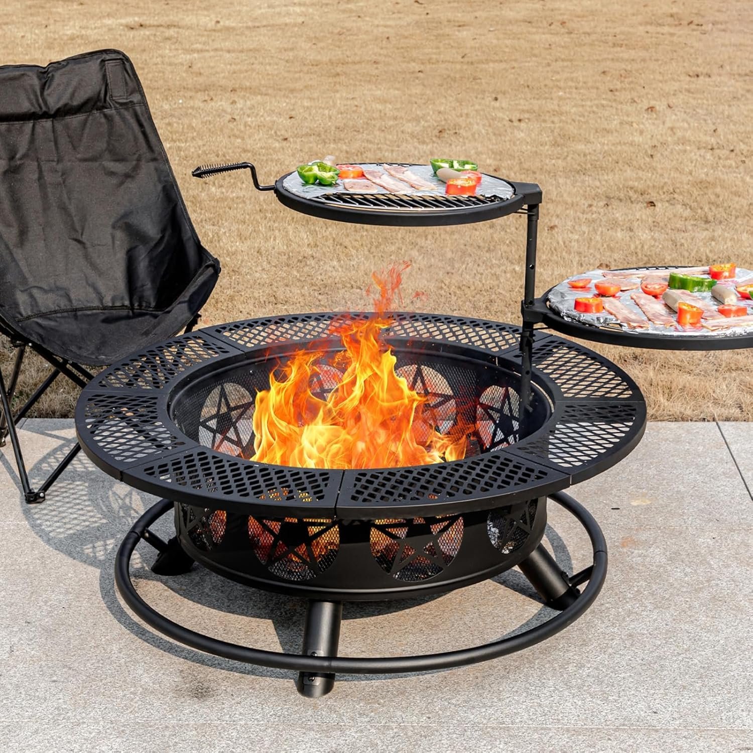 36 Inch Fire Pit with 2 Grills, Wood Burning Fire Pits for Outside with Lid & Poker, BBQ& Outdoor Firepit & Round Metal Table 3 in 1 for Patio, Picnic, Party - Image 3
