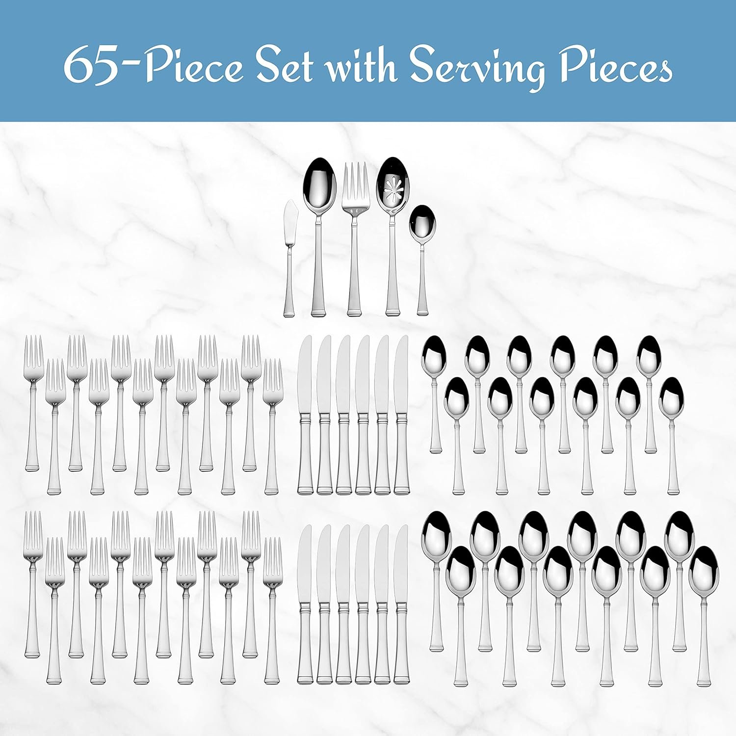 Mikasa Harmony 65-Piece Flatware Set for 12, 18/10 Stainless Steel Silverware with Forks, Knives, Spoons, and Serving Utensils, Elegant Design - Image 2