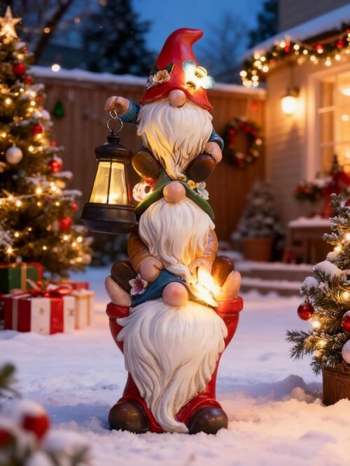 Christmas Gnome Statue with Solar Lights Garden Sculptures Funny Triple Gnome Outdoor Patio Lawn Yard Balcony Home Decor Birthday Gift for Woman Grandma 12 in Garden Gnome