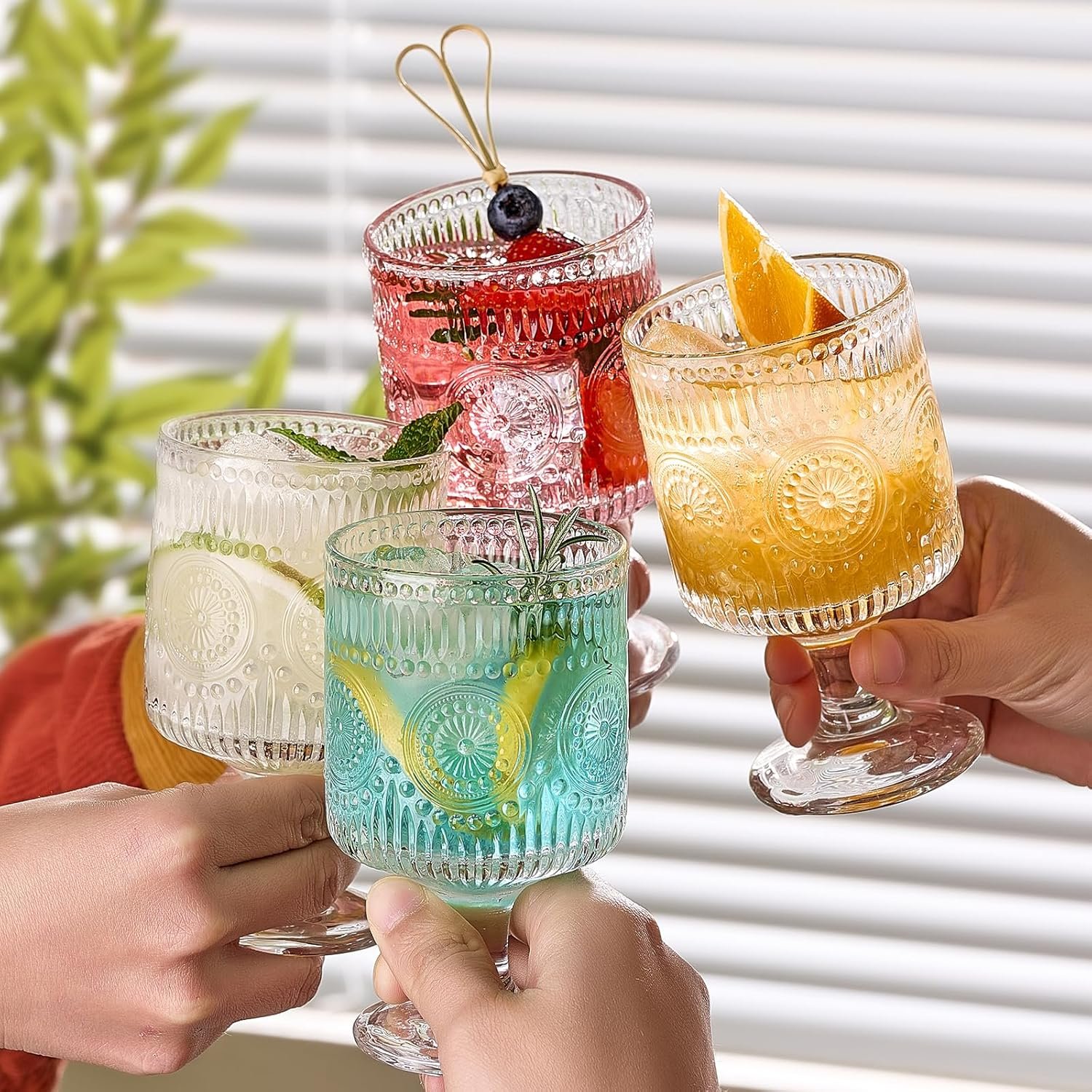 6 Packs Vintage Goblet Glasses, 8 oz Wine Glasses, Embossed Floral Glass Cups Set, Clear Drink Glasses, Drinking Goblets, Bar Tumbler Glassware for Iced Tea, Wine, Beer, Juice, Cocktail, Whiskey - Image 3