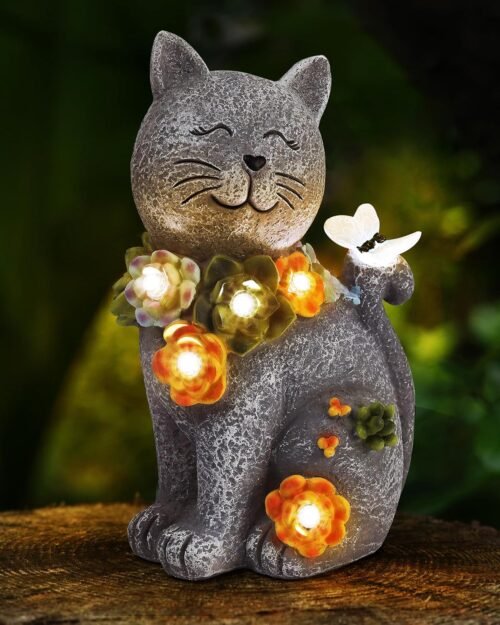 Solar Garden Statues Outdoor Decor, 6 LED Cat Flowers Butterfly Figurine Lights, Waterproof for Balcony Patio Porch Lawn Yard Ornament Art – Gift Ideas for Housewarming Gardening Grandma Women