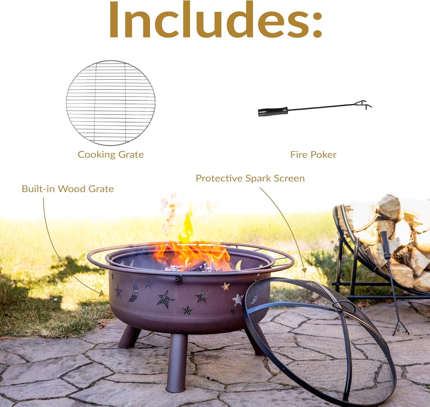 Sunnydaze Cosmic 30-Inch Patio Fire Pit for Outside - Outdoor Wood-Burning Fire Pit with Grill Grate, Spark Screen, and Fireplace Poker - Image 3