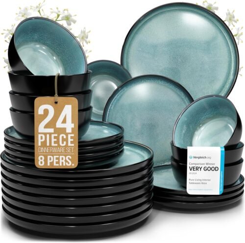 24 Piece Dinnerware Sets for 8 – Modern Style Stoneware Dinnerware Set – Scratch Resistant, Dishwasher Safe Plates and Bowls Sets Ceramic, Dish Set, Bowl and Plate Set – Black and Petrol Blue…