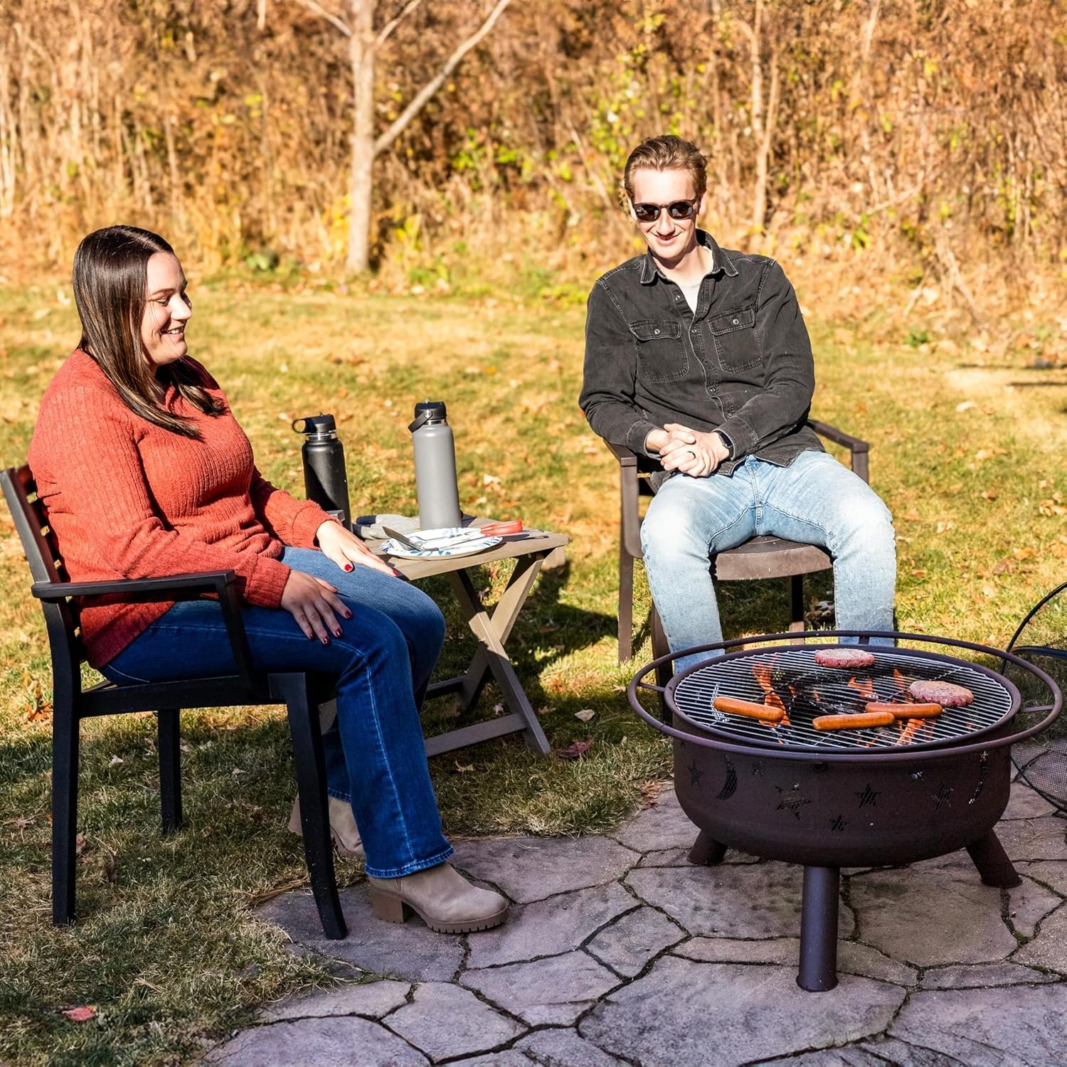 Sunnydaze Cosmic 30-Inch Patio Fire Pit for Outside - Outdoor Wood-Burning Fire Pit with Grill Grate, Spark Screen, and Fireplace Poker - Image 9