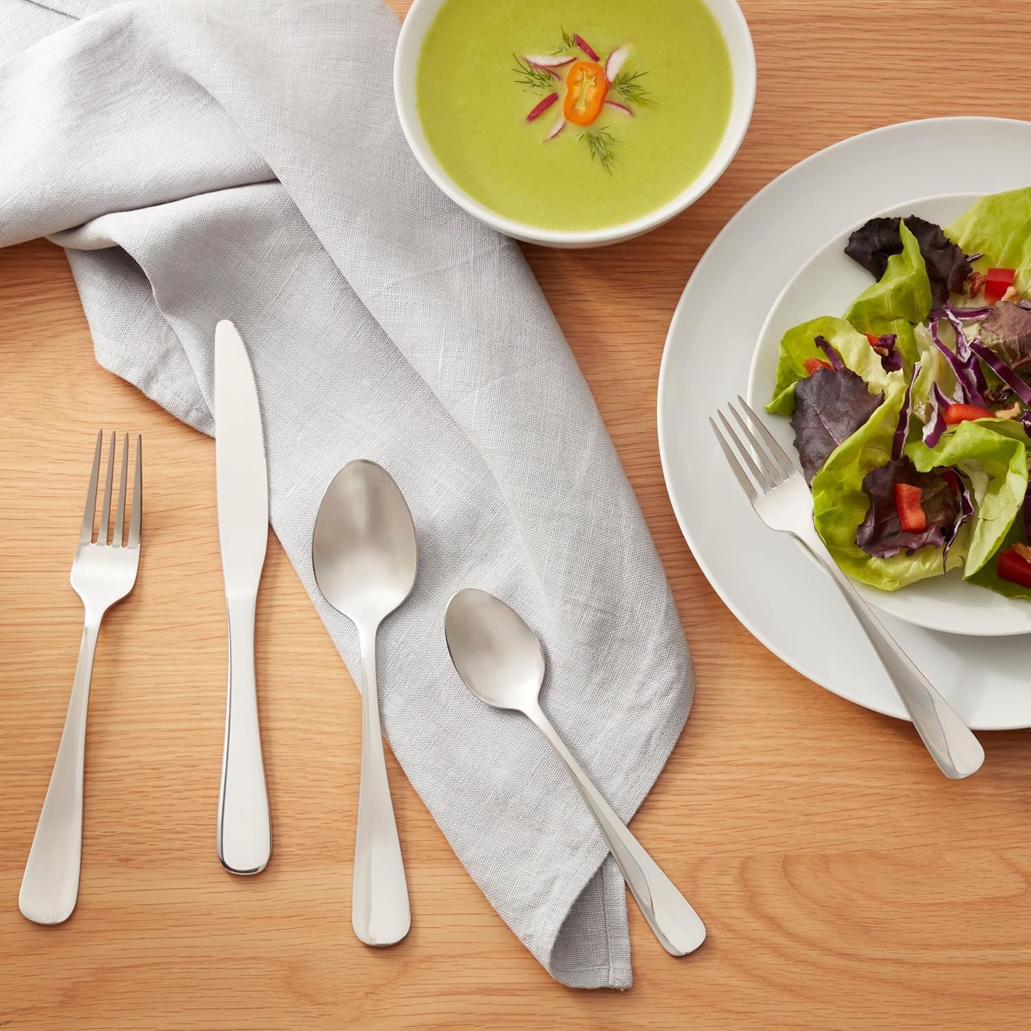 Amazon Basics Silverware Set, Stainless Steel Flatware, Dishwasher Safe, Service for 4, 20-Piece Forks and Spoons, Round Edge - Image 8